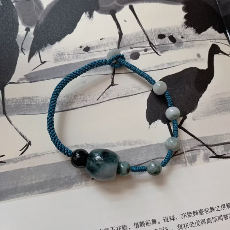 船波漾漾。天然緬甸翡翠復古編織手鏈 墨翠平安文藝禮物古典手繩