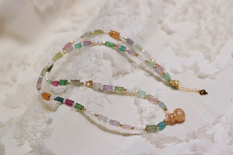 天然碧璽項鏈搭配淡水珍珠古法銀葫蘆福祿安康平安喜樂聖誕禮物