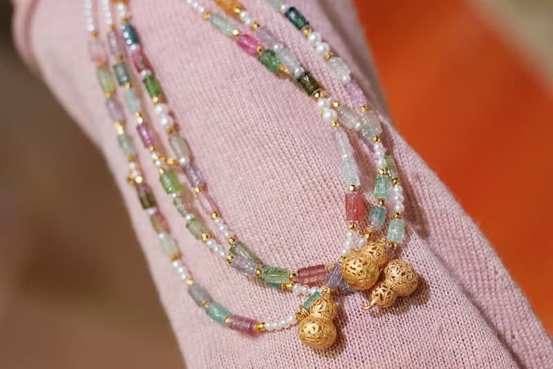 天然碧璽項鏈搭配淡水珍珠古法銀葫蘆福祿安康平安喜樂聖誕禮物