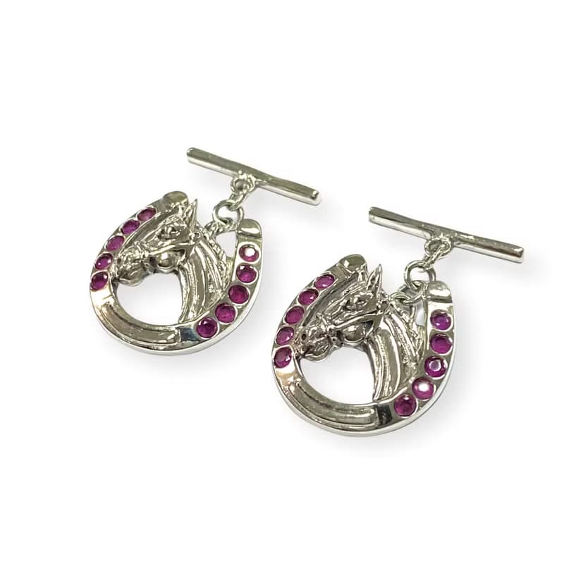 Victorian Style Horseshoe with Ruby Stone 925 Sterling Silver Mens Fathers Gift