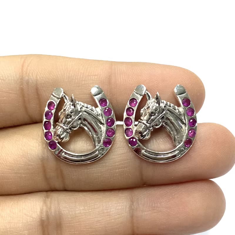 Victorian Style Horseshoe with Ruby Stone 925 Sterling Silver Mens Fathers Gift