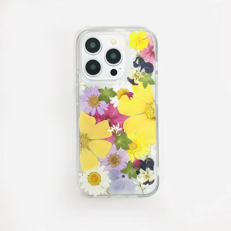 手作天然黃粉白押花手機殼適用於iPhone 16 Pro Max Samsung S25