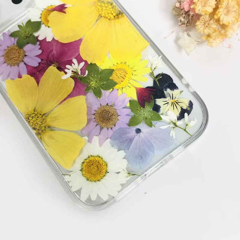 手作天然黃粉白押花手機殼適用於iPhone 16 Pro Max Samsung S25