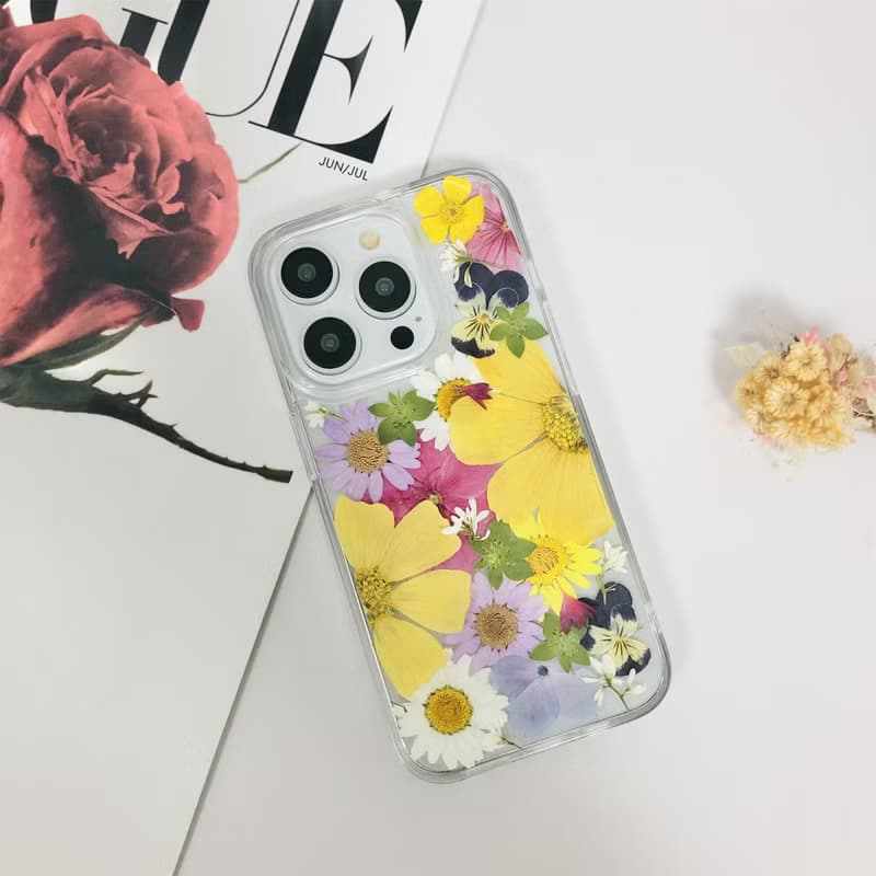 手作天然黃粉白押花手機殼適用於iPhone 16 Pro Max Samsung S25