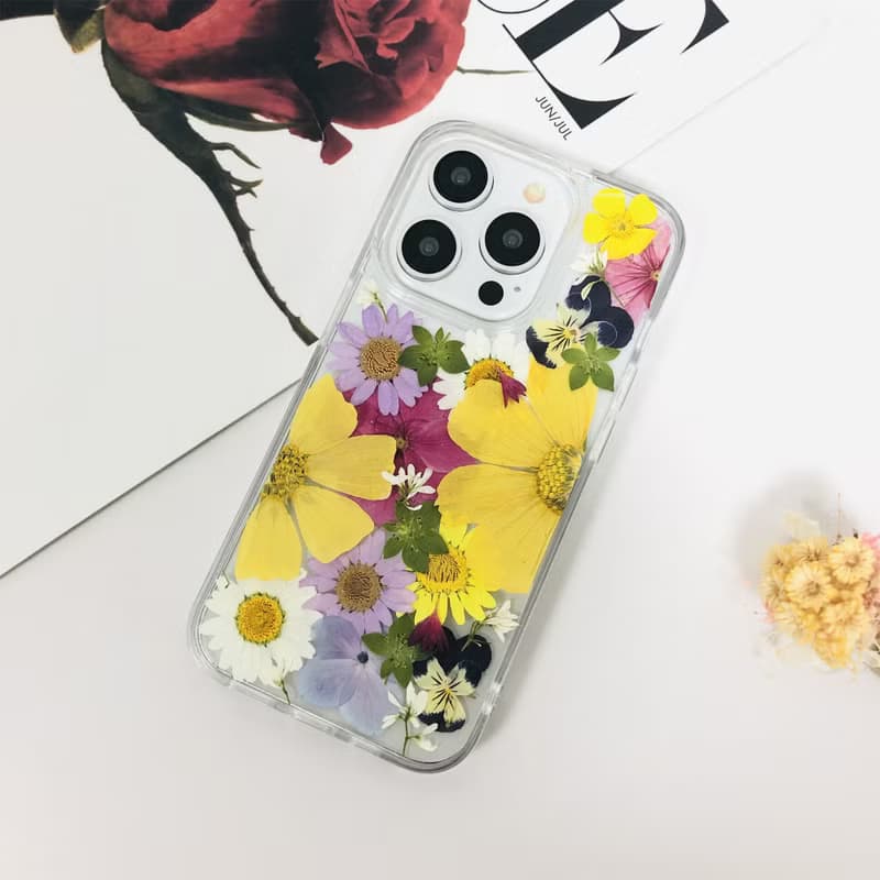 手作天然黃粉白押花手機殼適用於iPhone 16 Pro Max Samsung S25