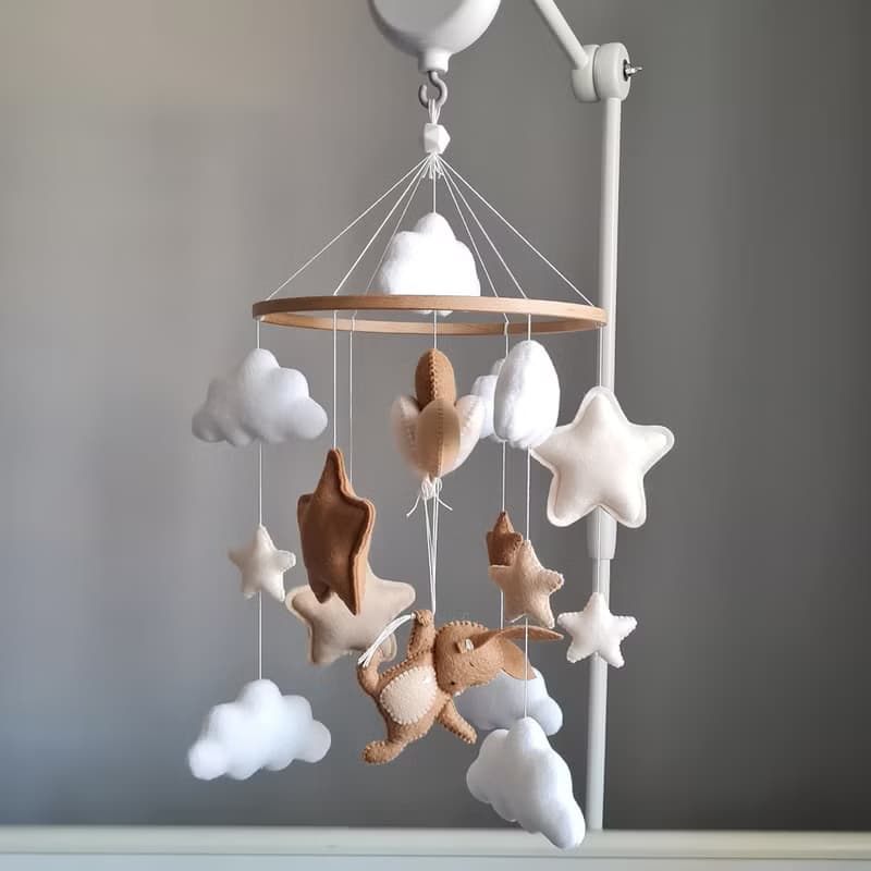 Bunny baby mobile, Chocolaty nursery, Hare balloons baby mobile, Star decor