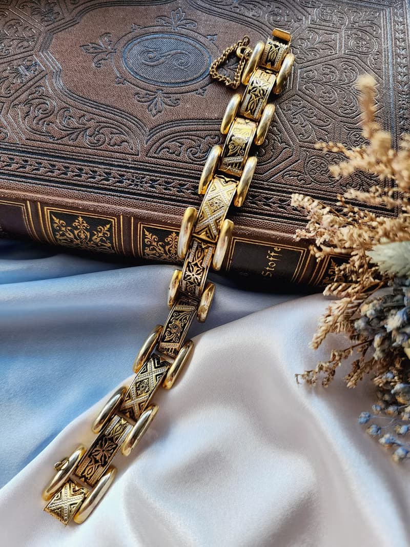 美國西洋古董飾品 /西班牙大馬士革工藝花金紋織圖騰手鍊