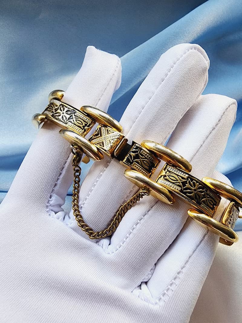 美國西洋古董飾品 /西班牙大馬士革工藝花金紋織圖騰手鍊