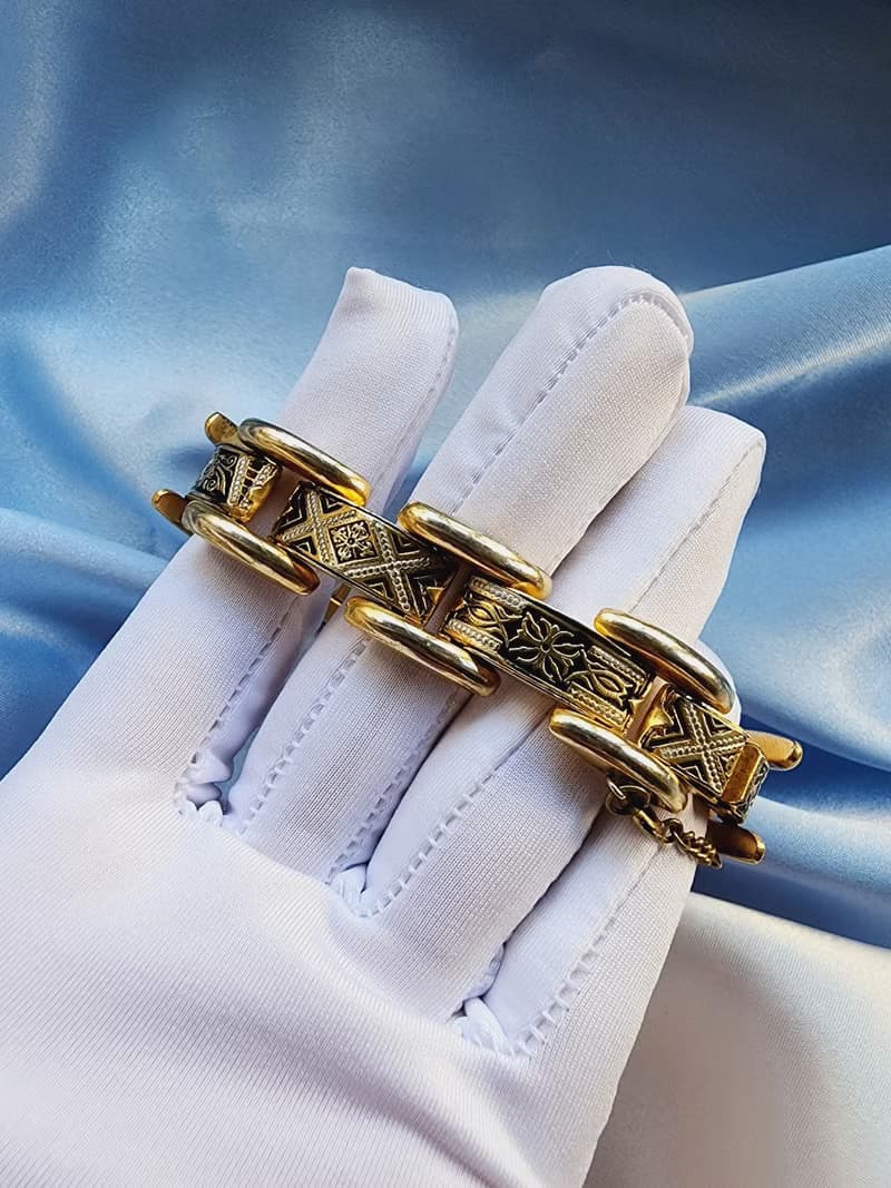 美國西洋古董飾品 /西班牙大馬士革工藝花金紋織圖騰手鍊