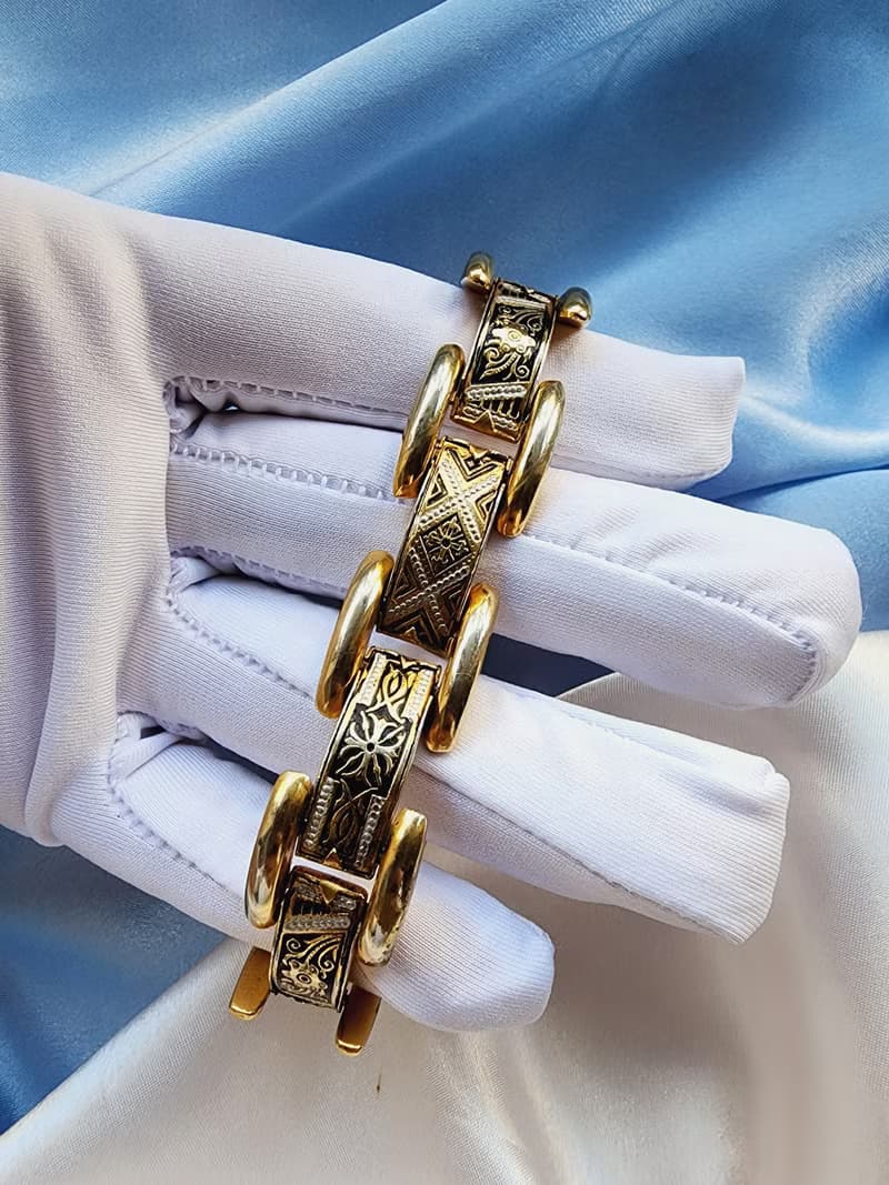 美國西洋古董飾品 /西班牙大馬士革工藝花金紋織圖騰手鍊