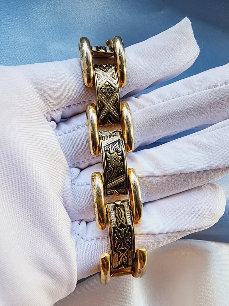 美國西洋古董飾品 /西班牙大馬士革工藝花金紋織圖騰手鍊