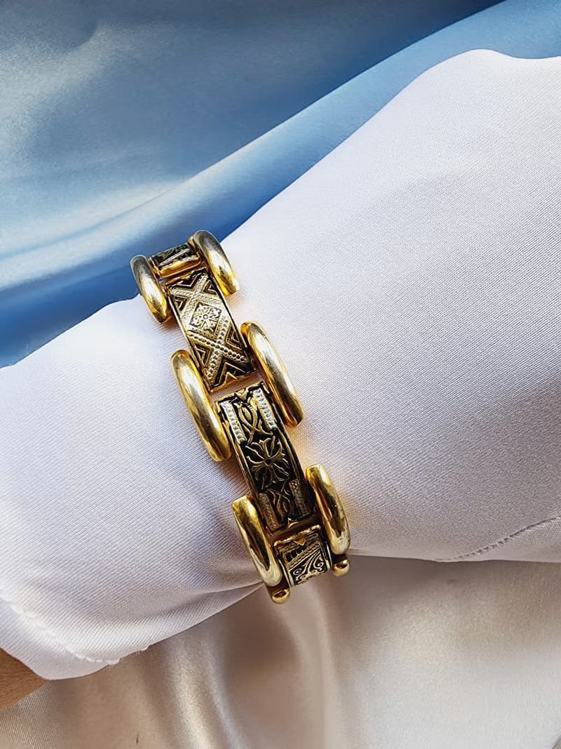 美國西洋古董飾品 /西班牙大馬士革工藝花金紋織圖騰手鍊