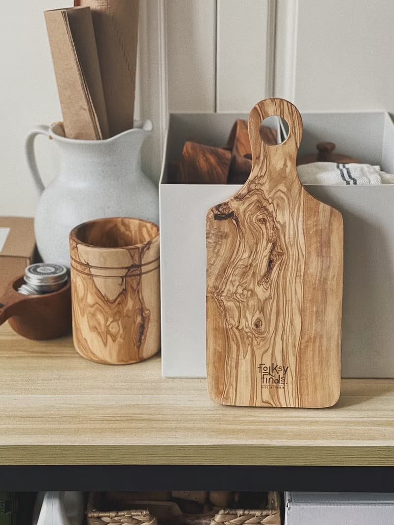 橄欖木長柄手工砧板・原木早餐盤・自然木紋餐具