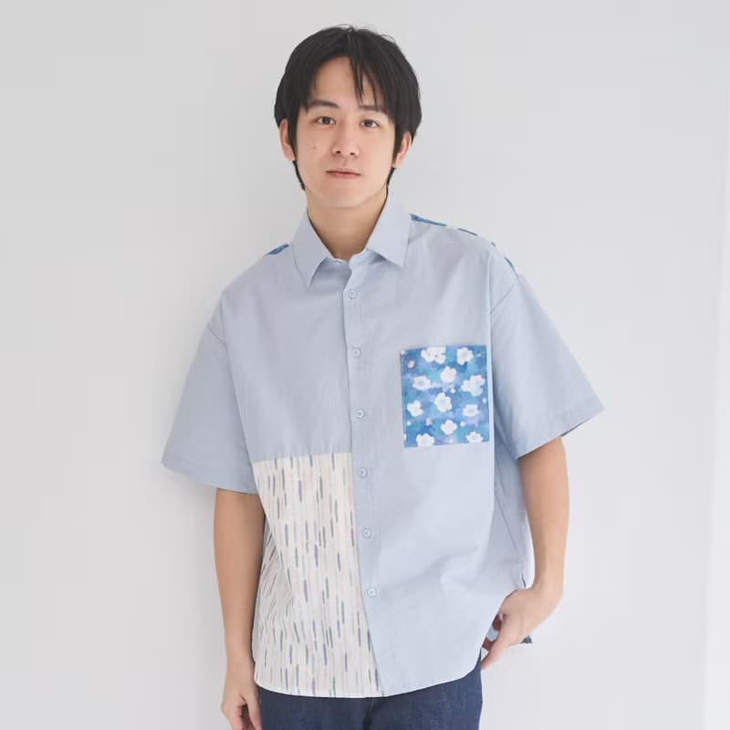 短袖拼接襯衫/花韻/晨霧藍/花束