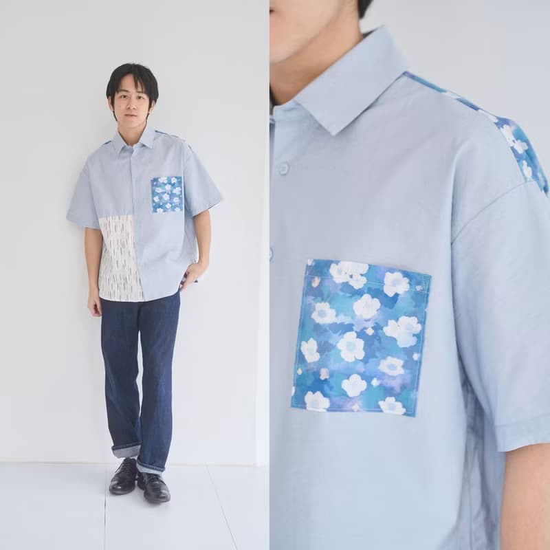 短袖拼接襯衫/花韻/晨霧藍/花束