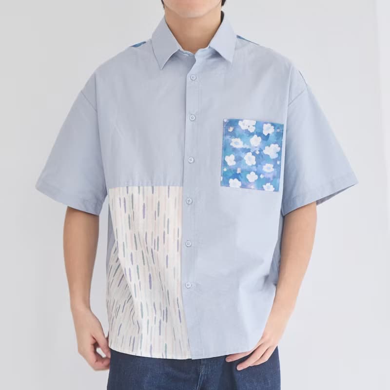 短袖拼接襯衫/花韻/晨霧藍/花束