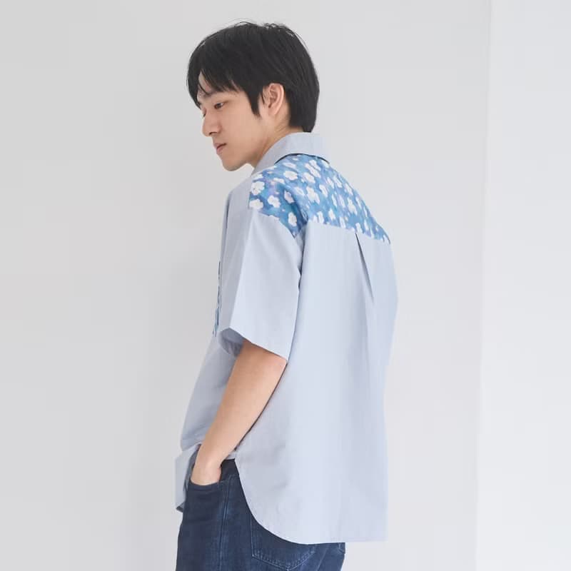 短袖拼接襯衫/花韻/晨霧藍/花束