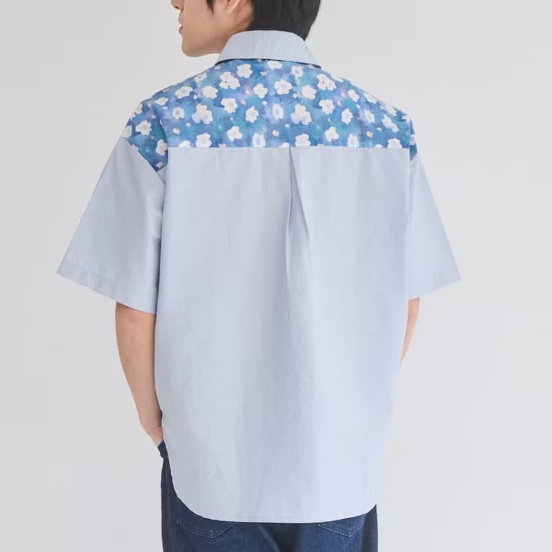 短袖拼接襯衫/花韻/晨霧藍/花束
