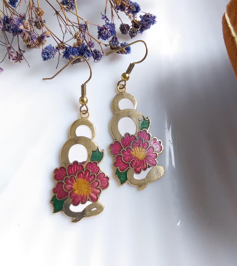 Vintage Jewelry 西洋古董飾品 纏繞 花卉 景泰藍 耳勾 針式耳環
