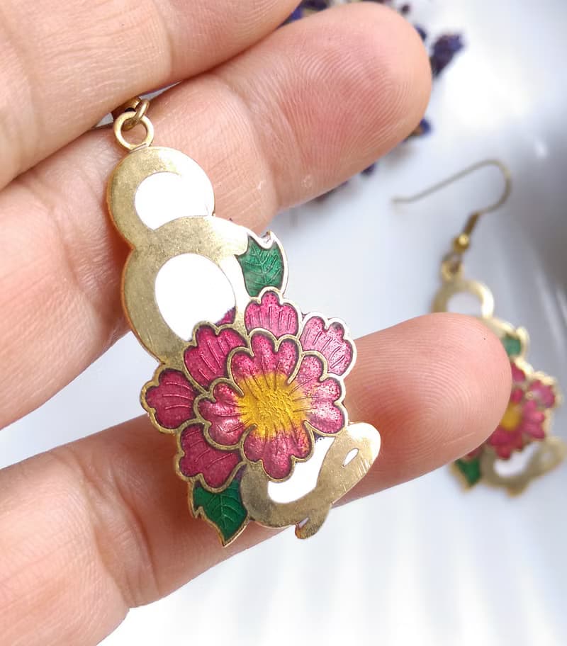 Vintage Jewelry 西洋古董飾品 纏繞 花卉 景泰藍 耳勾 針式耳環