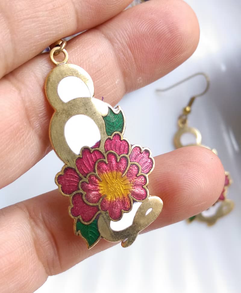 Vintage Jewelry 西洋古董飾品 纏繞 花卉 景泰藍 耳勾 針式耳環