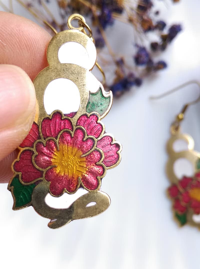 Vintage Jewelry 西洋古董飾品 纏繞 花卉 景泰藍 耳勾 針式耳環