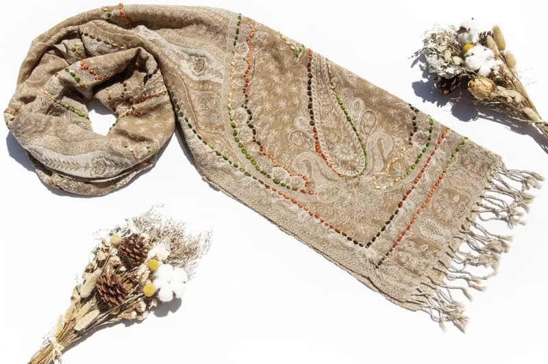 喀什米爾Cashmere/水煮羊毛披肩/針織圍巾/刺繡圍巾/羊絨披巾-花