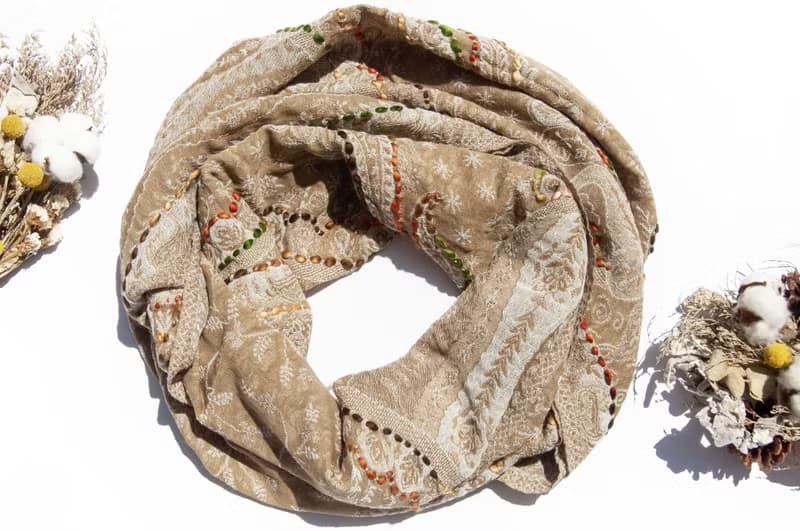 喀什米爾Cashmere/水煮羊毛披肩/針織圍巾/刺繡圍巾/羊絨披巾-花
