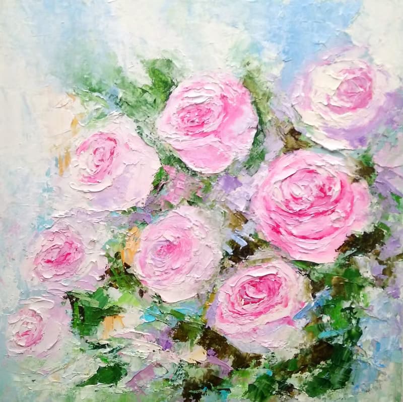 Pink Roses Floral Bouquet Original Oil Painting Flower Wall Art Impasto Artwork