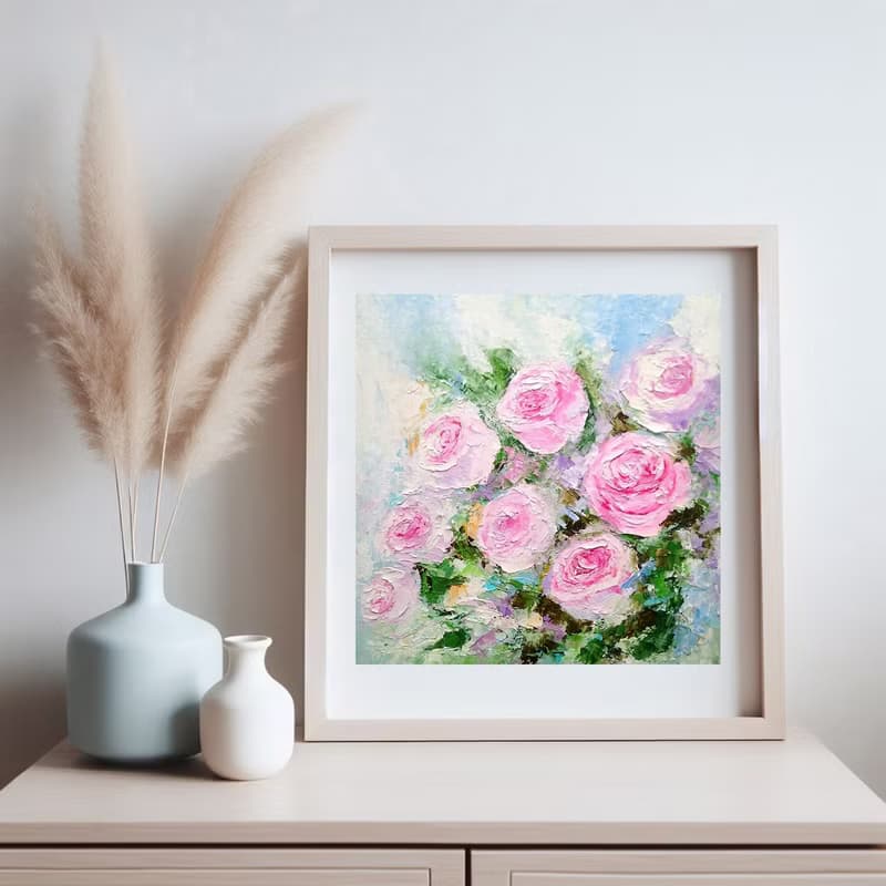 Pink Roses Floral Bouquet Original Oil Painting Flower Wall Art Impasto Artwork