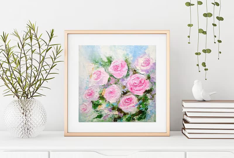 Pink Roses Floral Bouquet Original Oil Painting Flower Wall Art Impasto Artwork