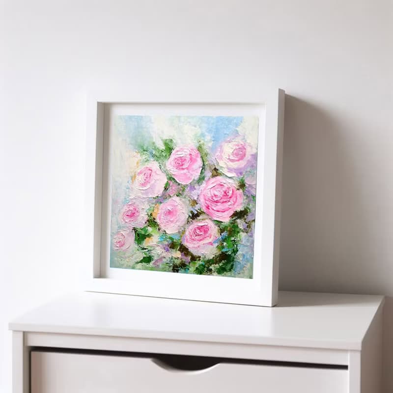 Pink Roses Floral Bouquet Original Oil Painting Flower Wall Art Impasto Artwork