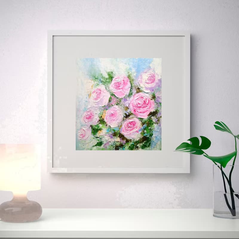 Pink Roses Floral Bouquet Original Oil Painting Flower Wall Art Impasto Artwork