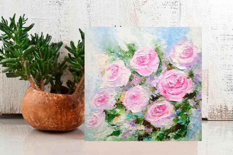 Pink Roses Floral Bouquet Original Oil Painting Flower Wall Art Impasto Artwork