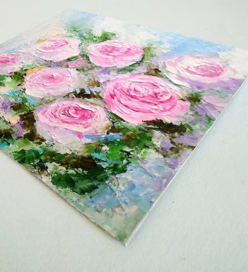 Pink Roses Floral Bouquet Original Oil Painting Flower Wall Art Impasto Artwork