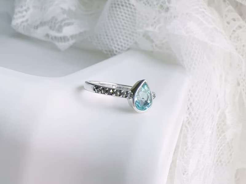 天然藍托帕 馬克賽 純銀戒指 水滴 火光閃耀 11月生日石 禮物七夕