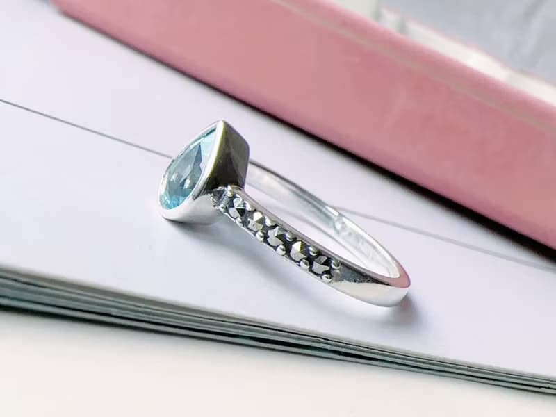天然藍托帕 馬克賽 純銀戒指 水滴 火光閃耀 11月生日石 禮物七夕