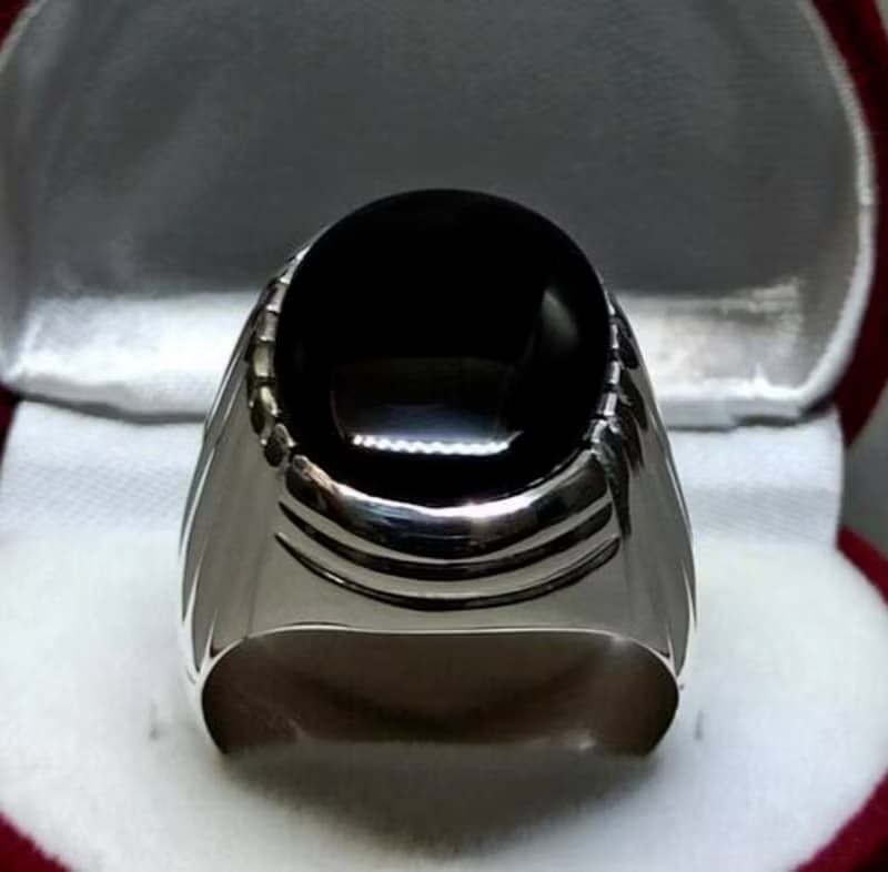 Natural Yemeni Black Aqeeq Mens Ring Sterling Silver 925 Big Black Agate Ring