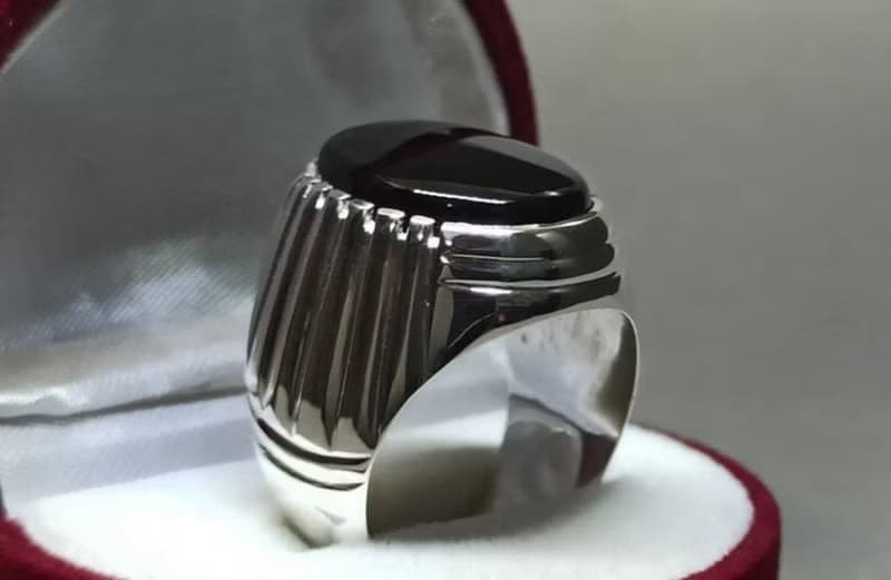 Natural Yemeni Black Aqeeq Mens Ring Sterling Silver 925 Big Black Agate Ring