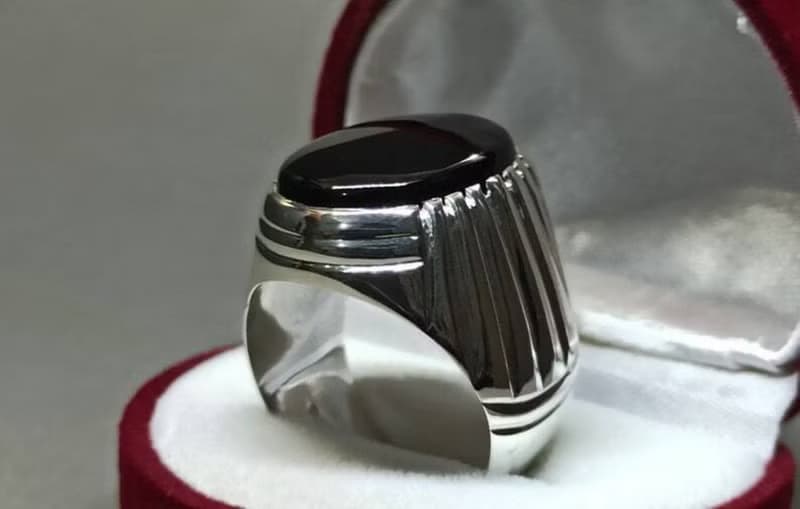 Natural Yemeni Black Aqeeq Mens Ring Sterling Silver 925 Big Black Agate Ring