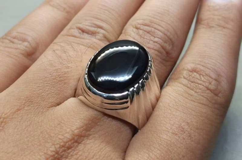 Natural Yemeni Black Aqeeq Mens Ring Sterling Silver 925 Big Black Agate Ring