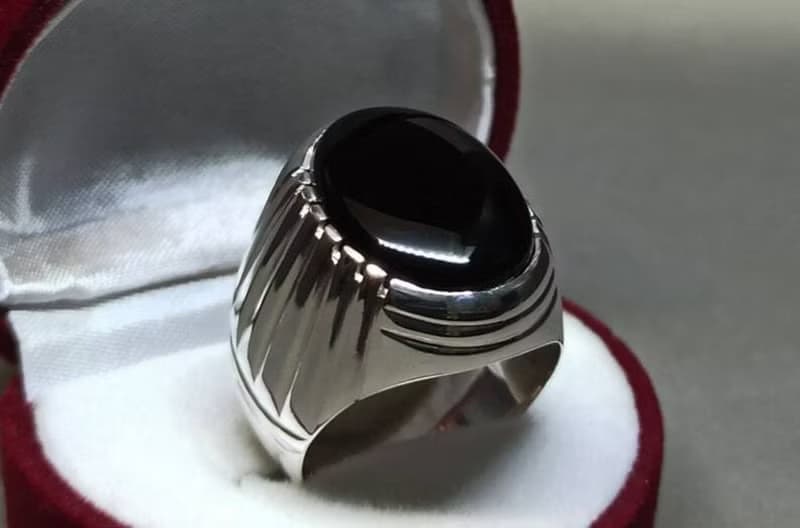 Natural Yemeni Black Aqeeq Mens Ring Sterling Silver 925 Big Black Agate Ring