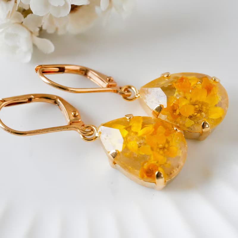 ビジュードロップ/本物のお花/ローダンセ入りピアス ・P462