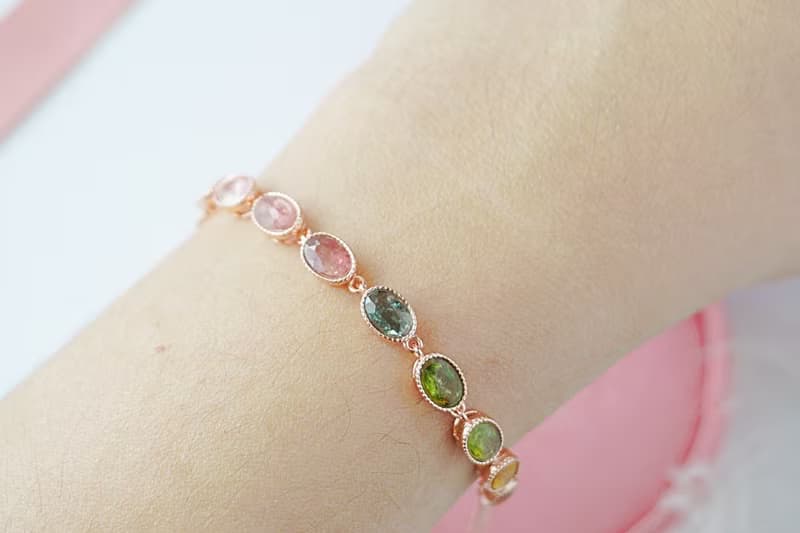 Natural Tourmaline Bracelet Sterling Silver 925 with pinkgold Plated
