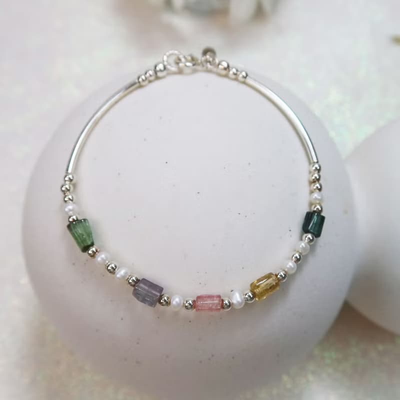 【水晶手串】不規則碧璽x珍珠x銀管 | 水晶手鍊 | 大員囡仔