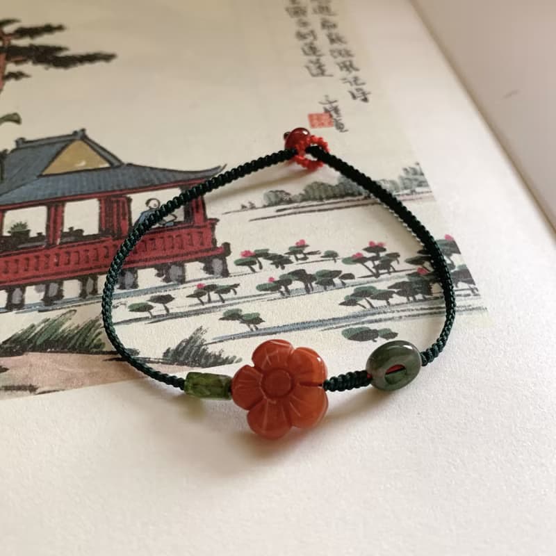 售完供欣賞 蓮間花。南紅雕刻花復古編織手繩 翡翠圈綠碧璽手鏈