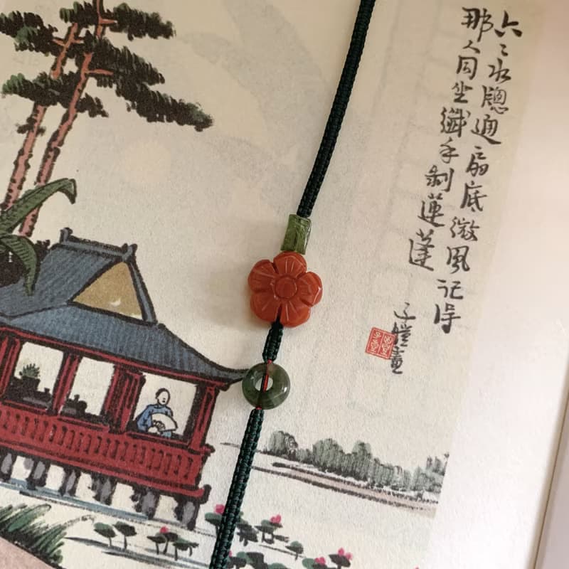 售完供欣賞 蓮間花。南紅雕刻花復古編織手繩 翡翠圈綠碧璽手鏈