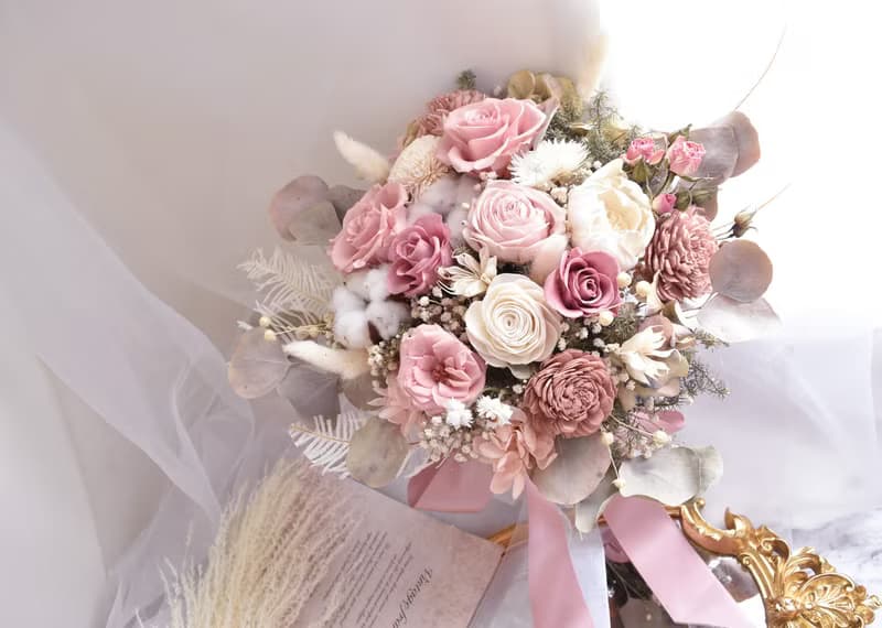 莫蘭粉玫瑰捧花 乾燥花 不凋花 捧花 結婚 新年 婚禮 新娘捧花聖