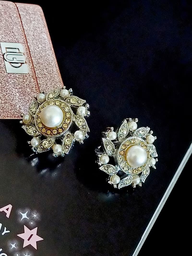 vintage jewelry  氣質珍珠萊茵花卉 夾式耳環