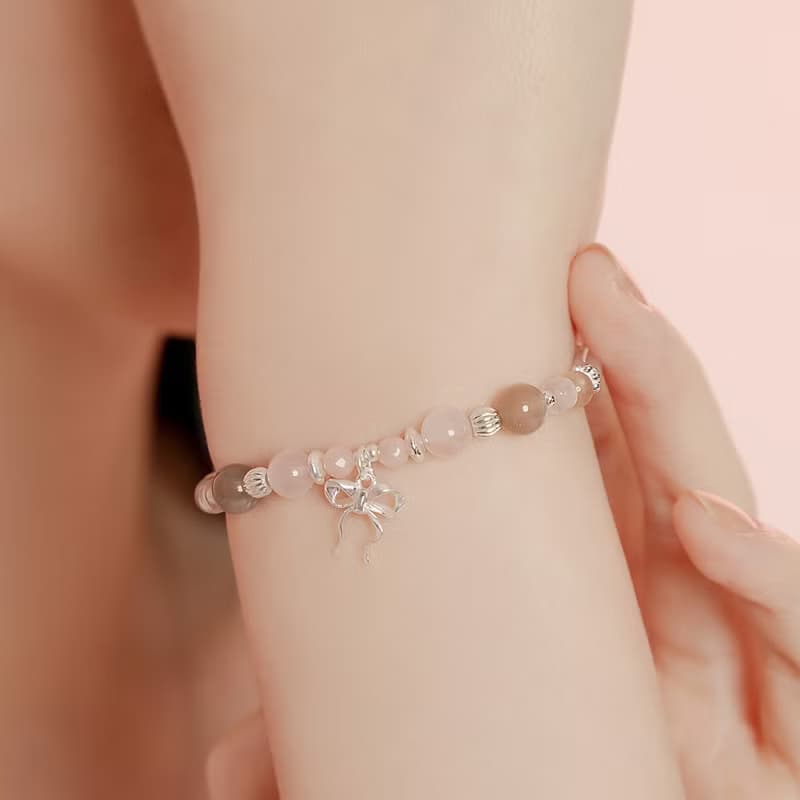 浪漫少女 |  粉歐泊 太陽石 S925純銀 | 蝴蝶結水晶手鍊
